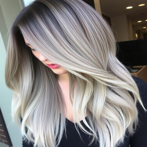 Dramatic silver and charcoal balayage called "Smoky Quartz" blends seamlessly through long, sleek strands, creating a sophisticated and edgy look with multidimensional depth