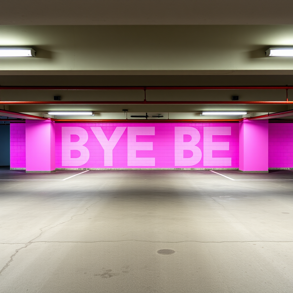 interior of a modern parking garage with a colorful pink wall mural saying "BYE BYE," soft diffused lighting, camera settings: ISO 200, f/5.6, 1/60s, wide-angle lens, shot from a low angle to capture depth, DSLR camera, high-resolution image quality.