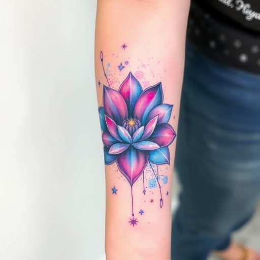 Vibrant watercolor tattoo named "Celestial Bloom" featuring a galaxy-inspired flower with swirling nebula petals and stardust accents spreading across the forearm in a mesmerizing burst of blues purples and pinks