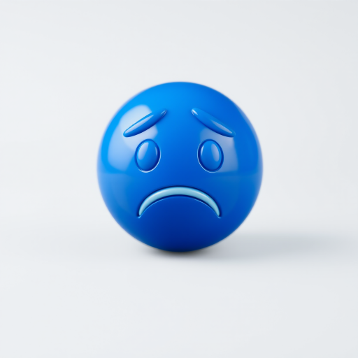 Create a high-resolution image of a blue sad face emoji, using a 50mm lens, f/2.8 aperture, 1/100 shutter speed, with a shallow depth of field, under soft lighting for a glossy finish, captured with a DSLR camera from a front-facing view.