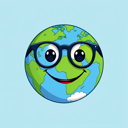 Create a colorful cartoon-style illustration of a smiling Earth with glasses against a light blue background, using a Canon EOS R5 camera with a 50mm lens, aperture set to f/2.8, ISO 100, and a soft light filter for enhanced image quality.