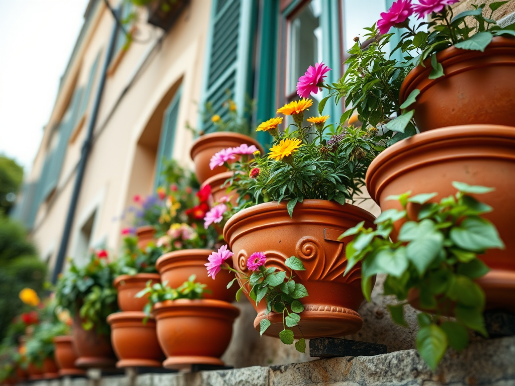 Capture a low-angle shot of a building facade adorned with terracotta pots, filled with vibrant flowers and greenery, using a DSLR camera with a 50mm lens, aperture set to f/2.8, ISO 200, and a shutter speed of 1/125s for enhanced detail and color vibrancy.