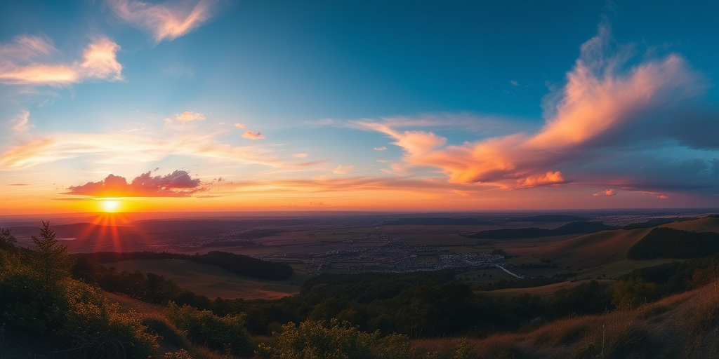 Generate a high-resolution image of a serene landscape at sunset, using a DSLR camera with a 50mm lens, aperture set to f/1.8, ISO 100, shutter speed 1/125s, in a panoramic view, focusing on vibrant colors and soft lighting to enhance the atmosphere.