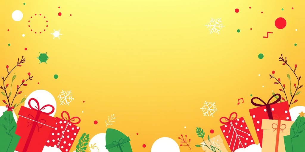 Create a festive background with a warm gold color featuring playful abstract shapes and patterns in red, green, and white. Include decorative elements like wrapped gifts and whimsical designs around the edges to enhance the holiday theme while keeping the center clear for text or images.