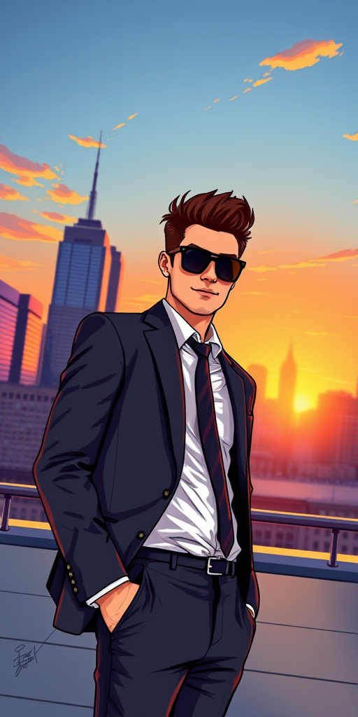 Create a digital illustration of a trendy businessman in a suit with sunglasses standing confidently against a city skyline backdrop during sunset, camera settings: f/8 aperture, ISO 100, shutter speed 1/125 sec, camera view: eye level, camera style: vibrant color palette with high contrast, camera type: digital SLR.
