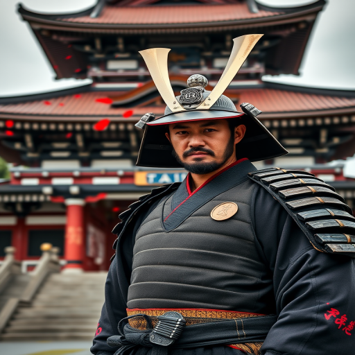 A samurai warrior in traditional attire standing proudly in front of a historic Japanese temple, dramatic red splashes in the background, captured with a Canon EOS R5, 85mm lens, f/1.8, ISO 100, shallow depth of field, natural lighting, portrait orientation, high dynamic range.