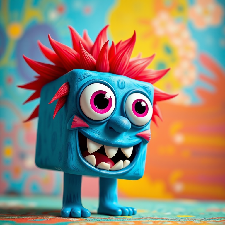 Create a vibrant cartoon monster character with a blue square body, red spiky hair, large expressive eyes, and a wide toothy grin, against a simple colorful background; shot with a DSLR camera at f/2.8, ISO 100, 50mm lens, and a bright daylight setting to enhance clarity and color saturation.