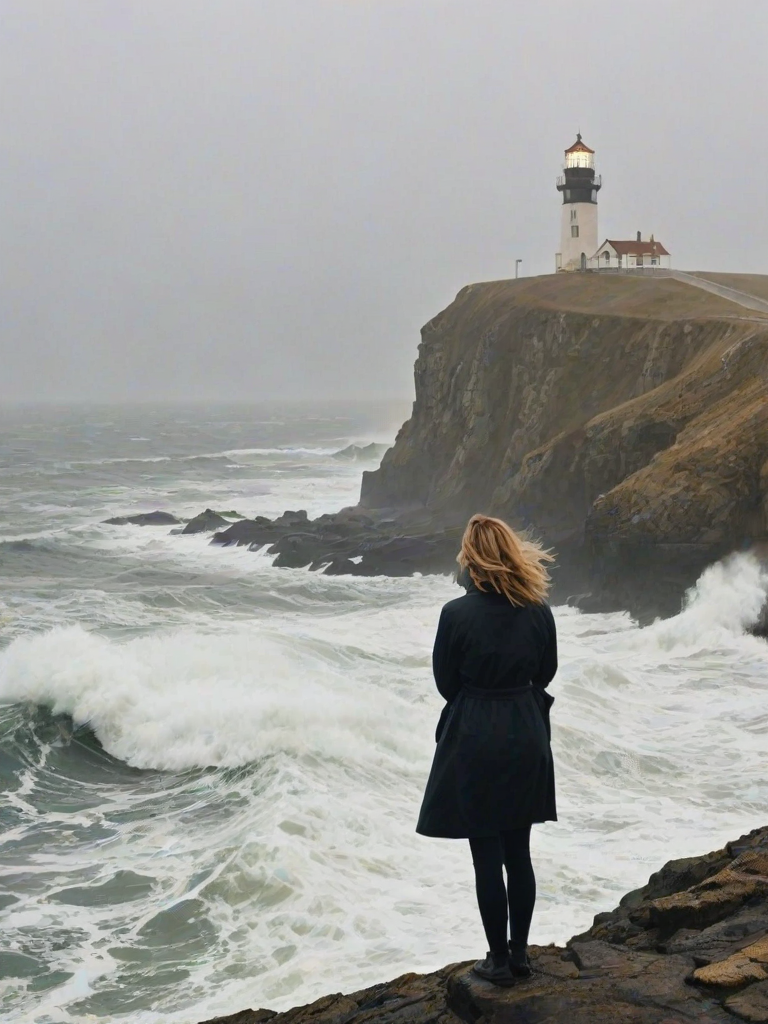 Foggy morning at a seaside cliff, waves crashing below, a woman stands at the edge, her hair blowing wildly in the wind, with a lighthouse in the distance.