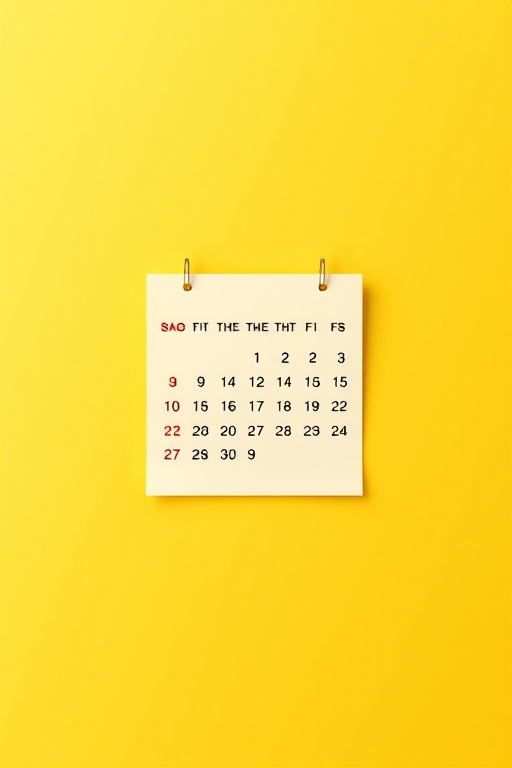 minimalist calendar design on a bright yellow background, soft lighting, 50mm lens, f/2.8 aperture, ISO 100, top-down view, digital illustration, HD quality