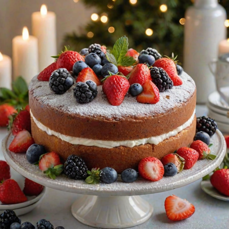 Generate an image of a round cake with a fluffy texture, topped with a variety of fresh berries including strawberries and blueberries, lightly dusted with powdered sugar. The cake is partially sliced, revealing its soft interior. Surround the cake with a festive setting, including some greenery and subtle twinkling lights in the background.