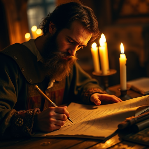 Medieval scholar writing on parchment with candlelight, detailed textures, warm color tones, dramatic lighting, shallow depth of field, 50mm lens, f/1.8, ISO 200, natural light from candles, DSLR camera.