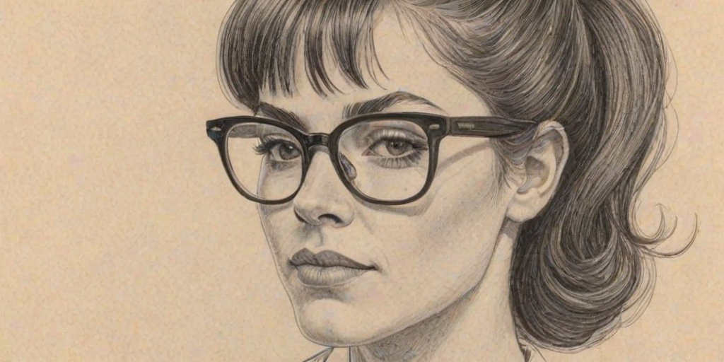 Sublime Sabrina Dhowre, pencil sketch, portrait of Pleasing woman 1976s in glasses, hair style beatnik, outline, clear lines, fine lines, 8k
