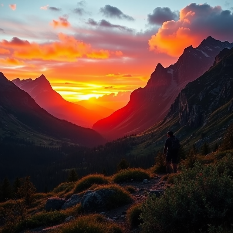 Generate a vibrant sunset landscape featuring a lone hiker in front of majestic mountains and a lush valley, using a DSLR camera with a wide-angle lens, f/8 aperture, ISO 100, 1/250 sec shutter speed, and a golden hour setting to enhance colors and detail.