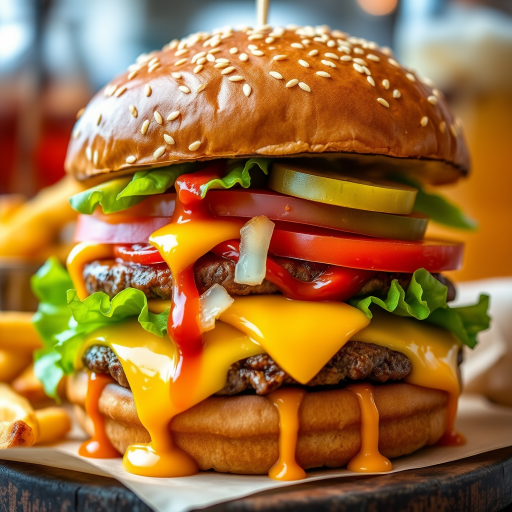 High-resolution, close-up image of a gourmet double cheeseburger. The burger features a glossy, sesame-seed-topped brioche bun. Inside, there are two thick, juicy beef patties, each topped with melted cheddar cheese. The burger is garnished with fresh lettuce, tomato slices, diced onions, and pickles. A generous amount of ketchup and a creamy, orange-colored sauce is dripping down the sides, adding to the mouth-watering appeal. In the background, there are blurred elements including a side of golden French fries and a hint of a beverage, enhancing the overall presentation of a delicious meal.
