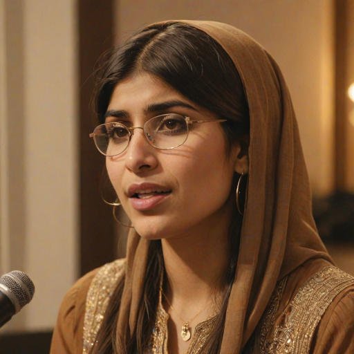 A close-up portrait of a mia khalifa with her eyes closed, singing into a microphone, positioned on the right side of the frame, facing the viewer. She is wearing a brown headscarf, gold earrings, and a brown blouse, and is bathed in warm, golden light emanating from the windows behind her. A blurred figure of a man singing into a microphone is visible in the background. The scene has a sense of calm and spirituality.