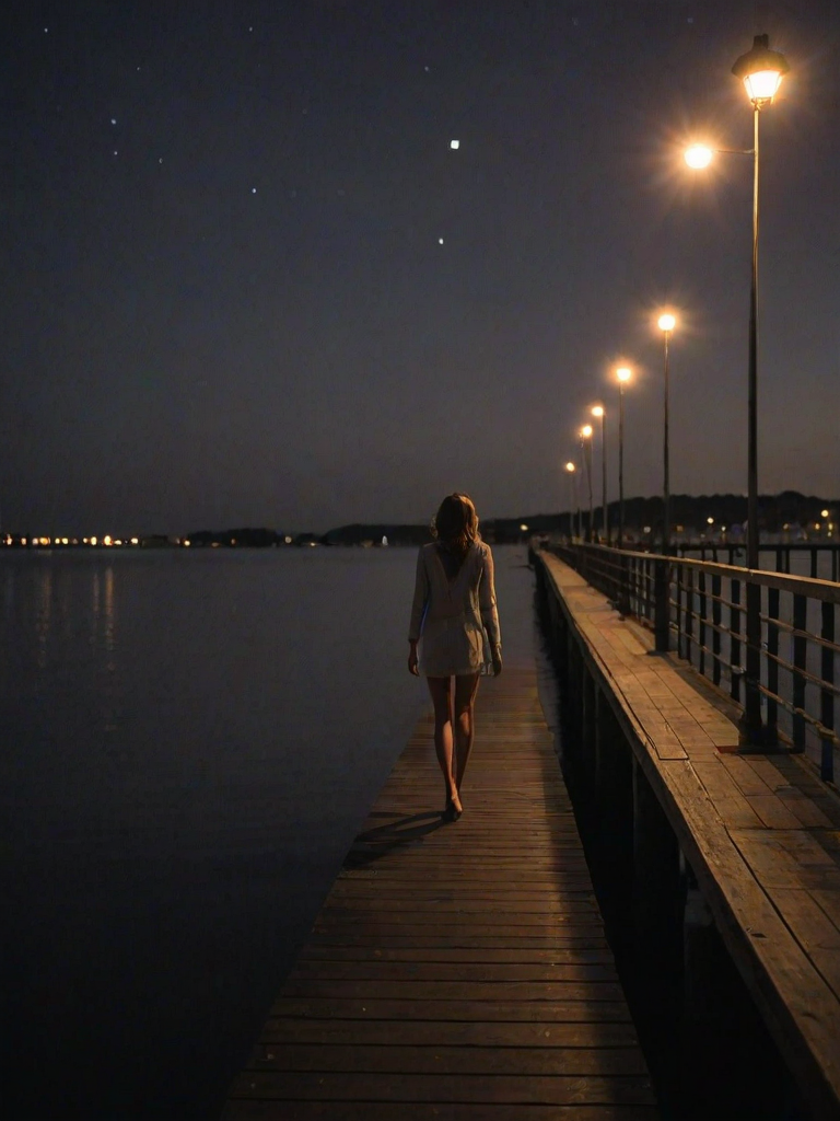 Woman walking along a pier at night, the soft glow of lamplight reflecting off the water, her footsteps echoing as she takes in the peaceful surroundings.