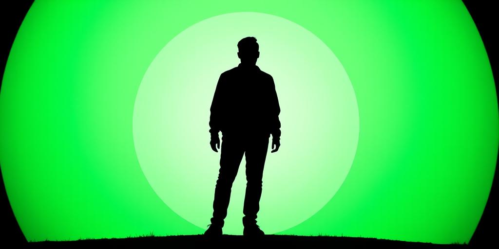 Create an image of a minimalistic silhouette of a person on a solid green circular background using a Canon EOS 5D Mark IV camera with a 50mm f/1.8 lens, aperture set to f/11, shutter speed of 1/200s, and ISO 100 to enhance image clarity and depth.