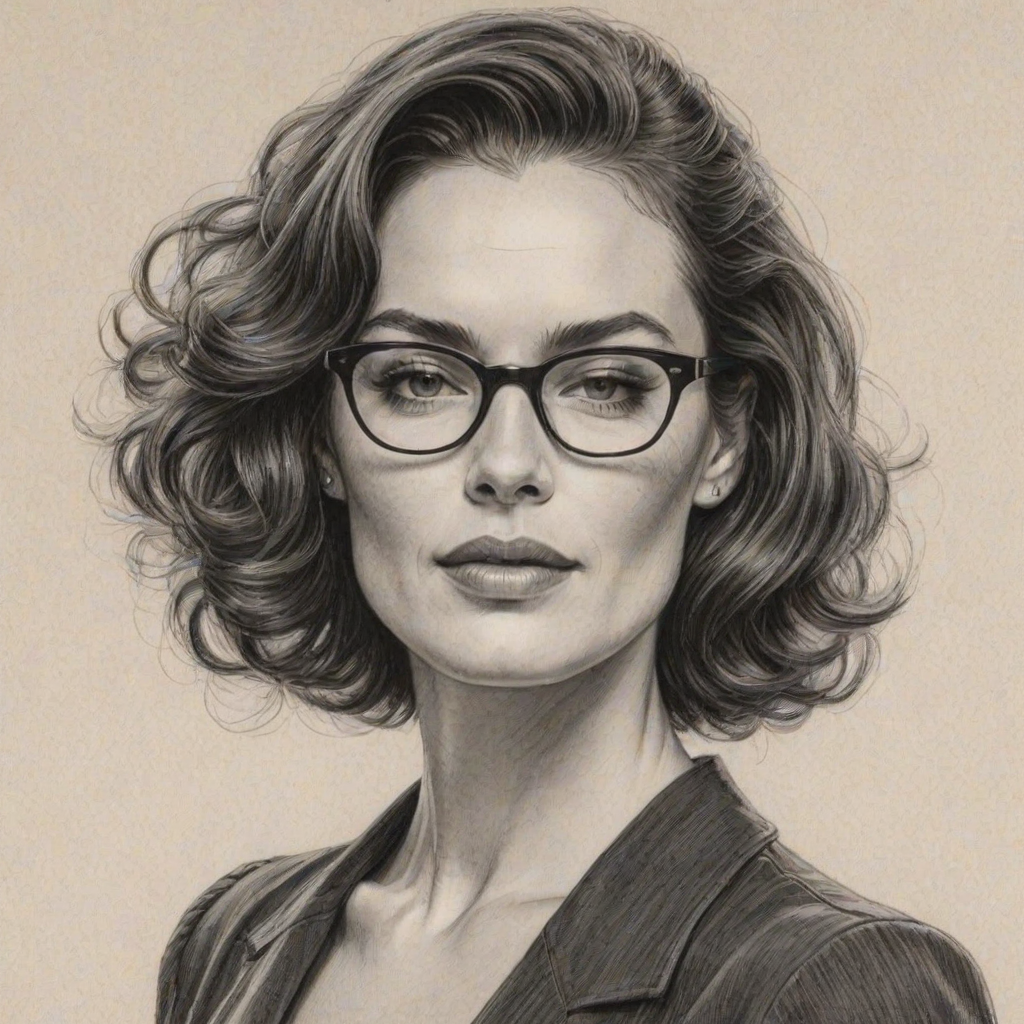 Elegant Lena Headey, pencil sketch, portrait of Bewitching woman 1941s in glasses, hair style beatnik, outline, clear lines, fine lines, 8k