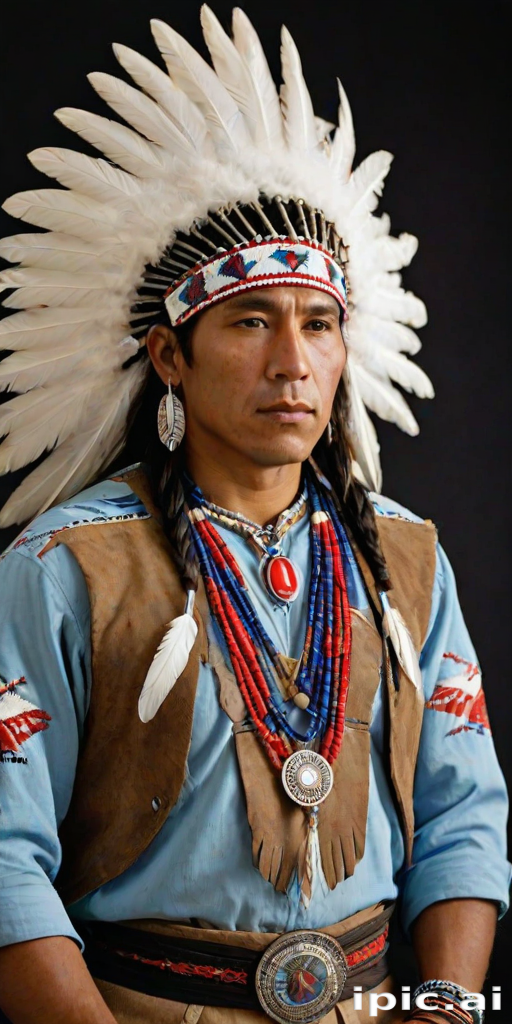 Create a dignified portrait of a Native American man dressed in traditional attire. He wears a beautifully crafted headdress adorned with white feathers and red beads, along with a beaded headband featuring intricate patterns. His clothing includes a deep blue, patterned shirt and a traditional chest piece with detailed beadwork. His arms are crossed, displaying leather armbands decorated with feathers. The background is simple and neutral, emphasizing his proud and stoic expression. The overall image captures the rich cultural heritage and strength of his persona.