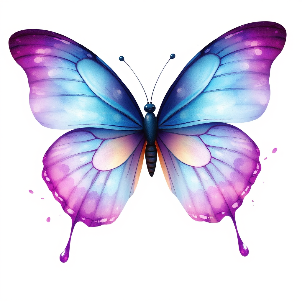 Create an artistic illustration of a butterfly with large wings. The wings should be a blend of vibrant purple and blue hues, featuring delicate swirls and splashes of watercolor effects. The background should be soft and light, enhancing the ethereal quality of the butterfly.
