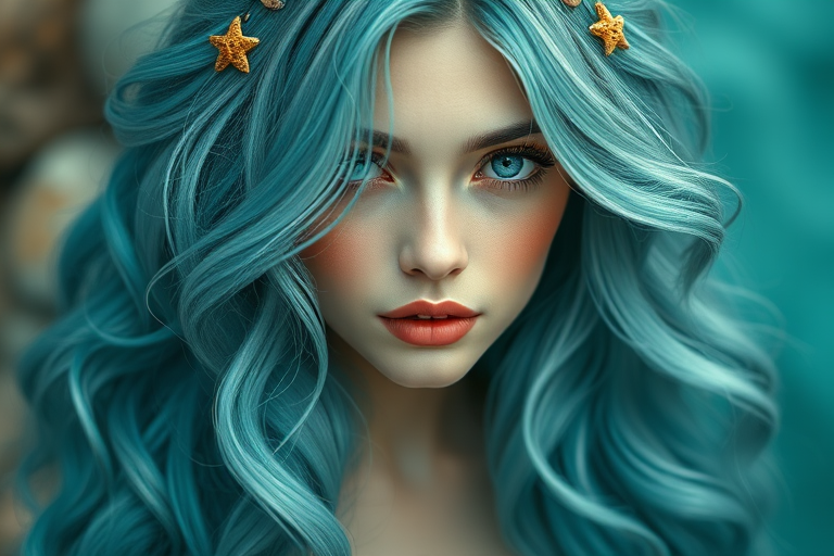 Ethereal portrait featuring Mermaid Teal tresses, long and wavy with subtle aqua highlights, adorned with small seashells and starfish accessories