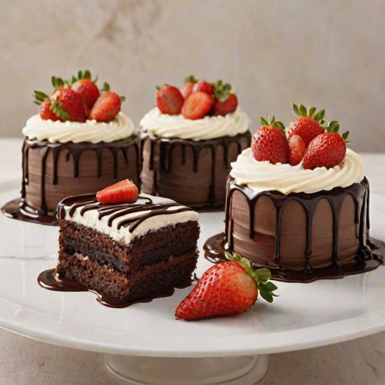 Create an image of three small chocolate layer cakes. Each cake should have layers of rich chocolate cake filled with fresh strawberries and creamy frosting. The top of each cake should be adorned with a swirl of frosting, a chocolate-covered strawberry, and a drizzle of chocolate ganache. The cakes should be arranged on a white platter with some strawberries in the background.