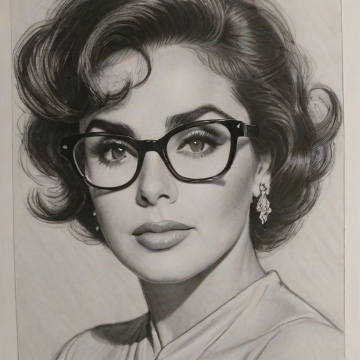 Fascinating Elizabeth Taylor, pencil sketch, portrait of Ravishing woman 1973s in glasses, hair style beatnik, outline, clear lines, fine lines, 8k