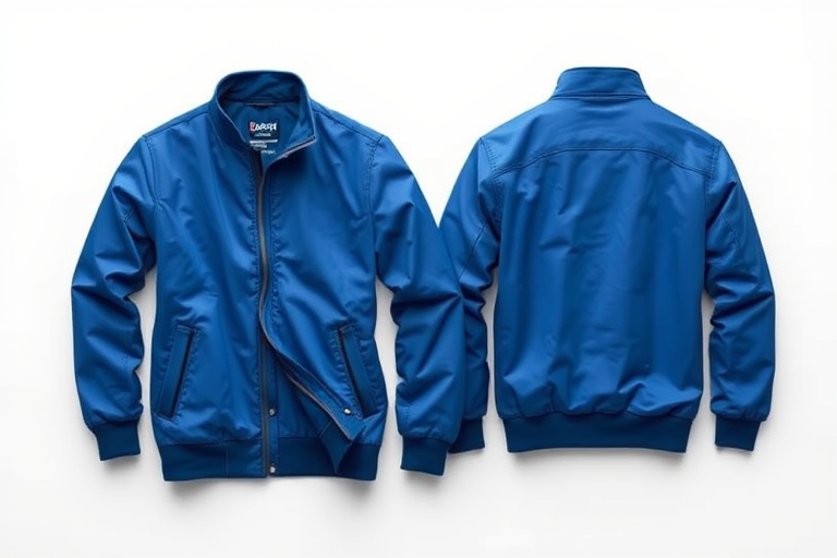 Create a high-resolution vector image of a blue jacket with a smooth design on a minimalist background, using a DSLR camera with a 50mm lens, aperture set to f/2.8, ISO 100, and a soft focus effect for a professional look.