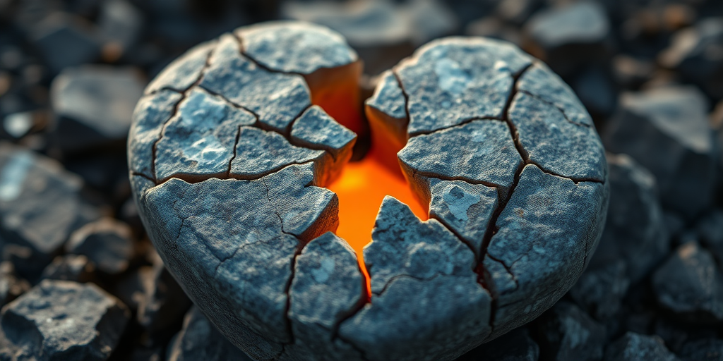 Create a high-resolution image of a cracked heart-shaped stone with a glowing core, macro view, soft focus, f/2.8 aperture, 50mm lens, ISO 100, taken under natural light conditions to enhance texture and color contrast.