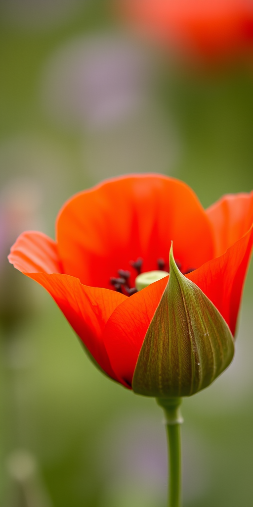 Close-up of a red poppy flower with green leaves, soft focus background, taken with a DSLR camera at f/2.8 aperture, ISO 100, 50mm lens, natural light, macro style.