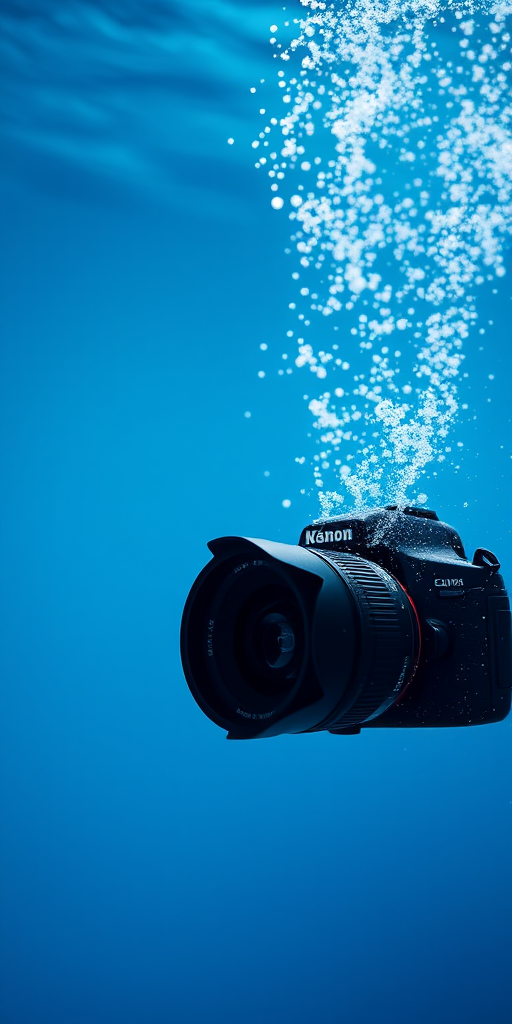 Create a high-resolution underwater scene with a soft blue gradient background, capturing a dynamic dispersion of light particles using a DSLR camera with a 50mm lens, aperture set to f/1.8, ISO 100, and a shutter speed of 1/125 sec, in portrait orientation.