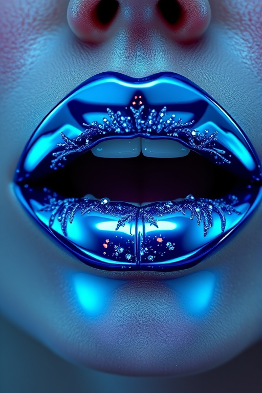 Electric blue chrome lips in "Galactic Frost" style, boasting a mirror-like shine and holographic sparkles, creating an otherworldly and futuristic aesthetic