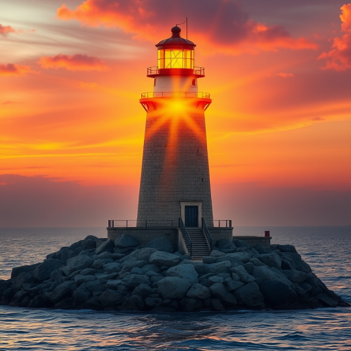 Generate an image of a tall lighthouse perched on a rocky outcrop surrounded by calm ocean waters during a breathtaking sunset. The lighthouse stands sturdy and weathered, its stone surface illuminated by the warm golden light of the setting sun. The sun's rays pass directly through the glass lantern room at the top of the lighthouse, casting a brilliant light across the scene. The sky is painted with vibrant shades of orange, pink, and purple, reflecting off the tranquil sea. The surrounding water shimmers with the same warm hues, creating a serene and majestic atmosphere.