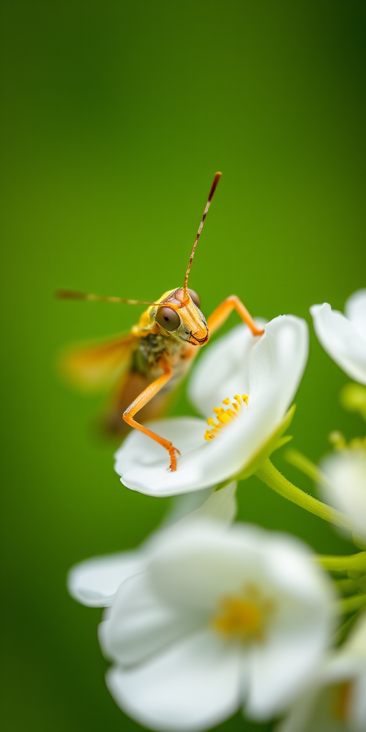 Close-up of a grasshopper resting on a delicate white flower with a blurred green background, using a macro lens, aperture f/2.8, shutter speed 1/200s, ISO 100, soft natural lighting, DSLR camera.