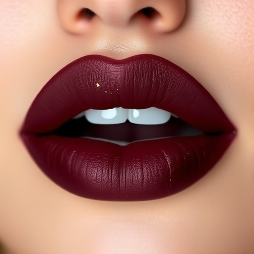 Matte burgundy lips with gold flecks, called "Midnight Merlot," boast a long-lasting formula and a rich, deep color that complements all skin tones