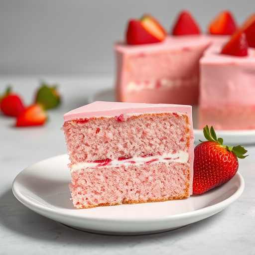 A slice of pink strawberry cake on a white plate with a fresh strawberry on the side and a background of the whole cake with a light grey surface and soft natural lighting.