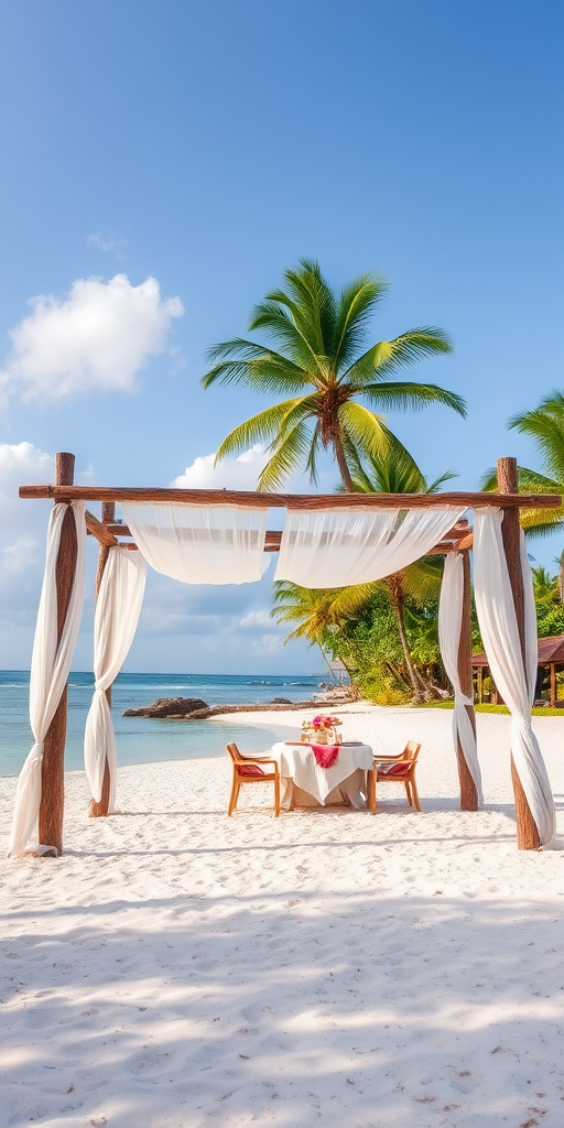 Create a picturesque tropical beach scene featuring a serene, white sandy shore. In the foreground, there's a rustic wooden canopy with white drapes gently flowing in the breeze. Underneath the canopy, a table is set with tropical decor, evoking a sense of relaxation and leisure. The beach extends into a calm, shallow water area with reflections of the sky and surroundings. Palm trees and lush greenery line the edge of the beach, providing a natural, tropical backdrop. The sky is clear with a few scattered clouds, and the overall atmosphere is tranquil and inviting, perfect for a peaceful retreat.