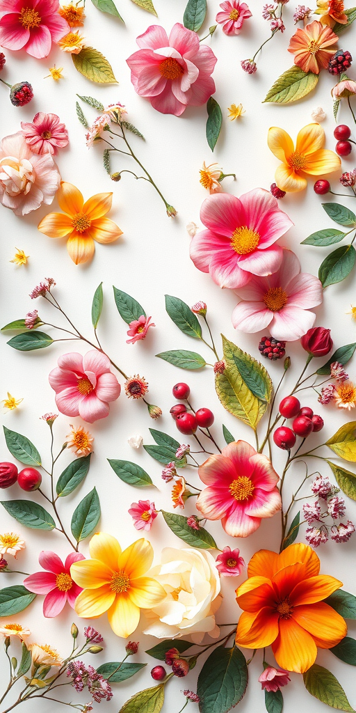 Create a vibrant floral pattern featuring a variety of flowers, leaves, and berries on a light background with white and soft pastel colors, using a DSLR camera with a 50mm lens, aperture f/1.8, ISO 100, and natural soft lighting to enhance detail and color vibrancy.