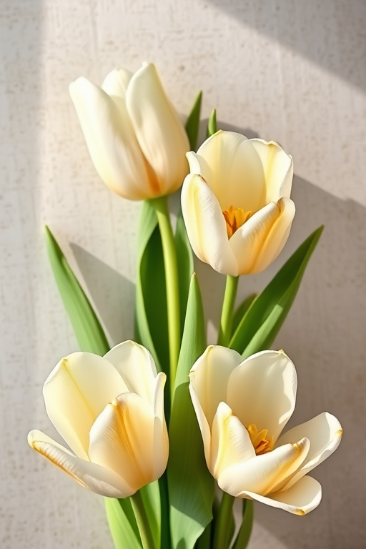 Generate an image of elegant white tulips with golden accents against a textured background, captured with a DSLR camera at f/2.8 aperture, 50mm lens, in soft natural light, using a slightly elevated angle for a dynamic composition.