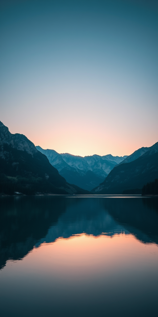 Generate an image of a serene landscape with mountains and a calm lake at sunrise, using a Canon EOS R5 camera with a 24mm lens, aperture f/8, ISO 100, shutter speed 1/100s, in landscape orientation, shot from a low angle to capture reflections on the water, with vibrant colors and high dynamic range.