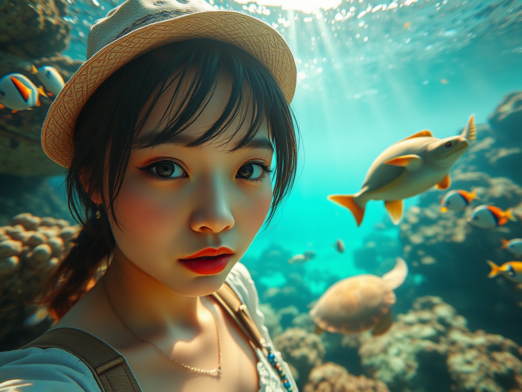Realistic selfie image of a Asian, wearing a vintage outfit, detailed dreamy eyes, droopy hooded eyes, staring at the camera, taken underwater at coral reef with a sunbeam filtering through the water, vibrant, summer vacation, natural lighting, turtle and school of tropical fish with vibrant colors, rendered in the style of CryEngine, Pegi Nicol MacLeod, with realistic genre scenes, hauntingly beautiful narratives, ultra-realism, and Thomas Saliot's close-up technique, 8K resolution, crystal clear and sparkling water.