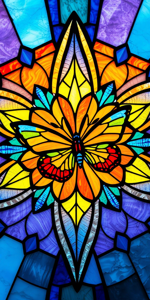 Create a vibrant stained glass star design featuring intricate butterfly patterns, captured with a DSLR camera at f/8 aperture, ISO 100, 1/125 sec shutter speed, in a top-down view, using a macro lens to highlight details.
