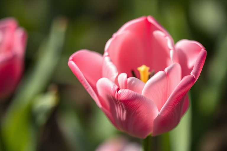 macro shot of a pink tulip with soft focus background, aperture f/2.8, shutter speed 1/200s, ISO 100, taken with a DSLR camera, natural light, shallow depth of field