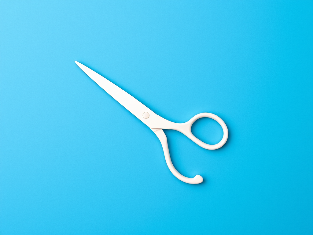 Create an image of a pair of white scissors against a solid blue background, using a DSLR camera with a 50mm lens, aperture set at f/2.8, ISO 100, in a top-down flat lay view, employing soft diffuse lighting for enhanced clarity and contrast.