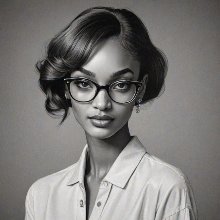 Pleasing Jourdan Dunn, pencil sketch, portrait of Appealing woman 1950s in glasses, hair style beatnik, outline, clear lines, fine lines, 8k