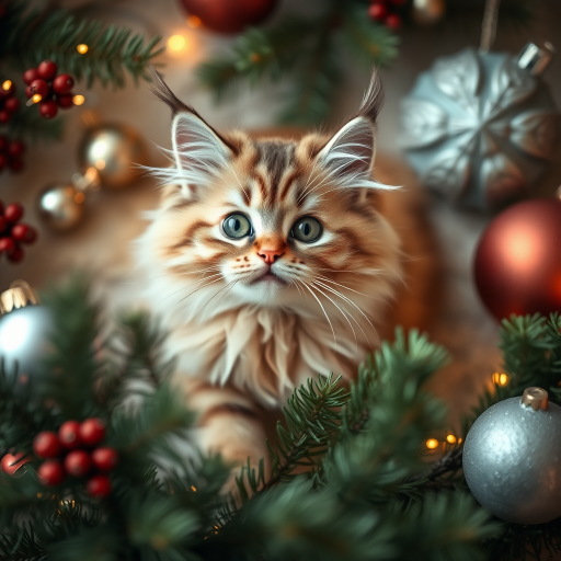 A cozy holiday scene featuring a fluffy cat surrounded by pine branches and decorative ornaments, captured with a shallow depth of field, 50mm lens, f/1.8 aperture, ISO 200, natural lighting, top-down view, DSLR camera.