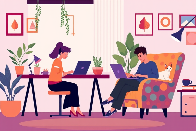 Create a vector illustration of two people working on laptops in a cozy home office setting, one sitting at a desk with plants and wall art, the other relaxed in a colorful chair with a cat nearby, soft lighting, vibrant colors, and a modern design style, using a 50mm lens, f/2.8 aperture, and 1/125 shutter speed for optimal clarity and depth.