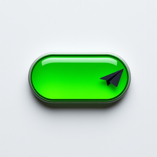create a vibrant green button with a sleek oval shape and a black paper plane icon on the right, taken with a DSLR camera at f/2.8 aperture, ISO 100, 50mm lens, soft studio lighting for enhanced clarity and color saturation