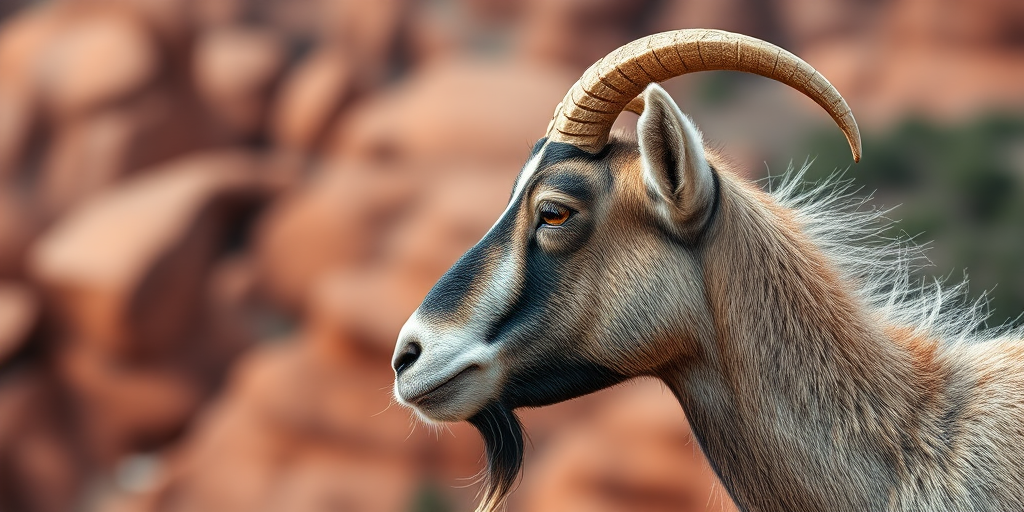 Regenerate a close-up portrait of a mountain goat in profile with a blurred background of red rocks, using a DSLR camera with a 50mm lens set to f/1.8, ISO 200, shutter speed 1/250s, natural soft lighting for enhanced image quality.