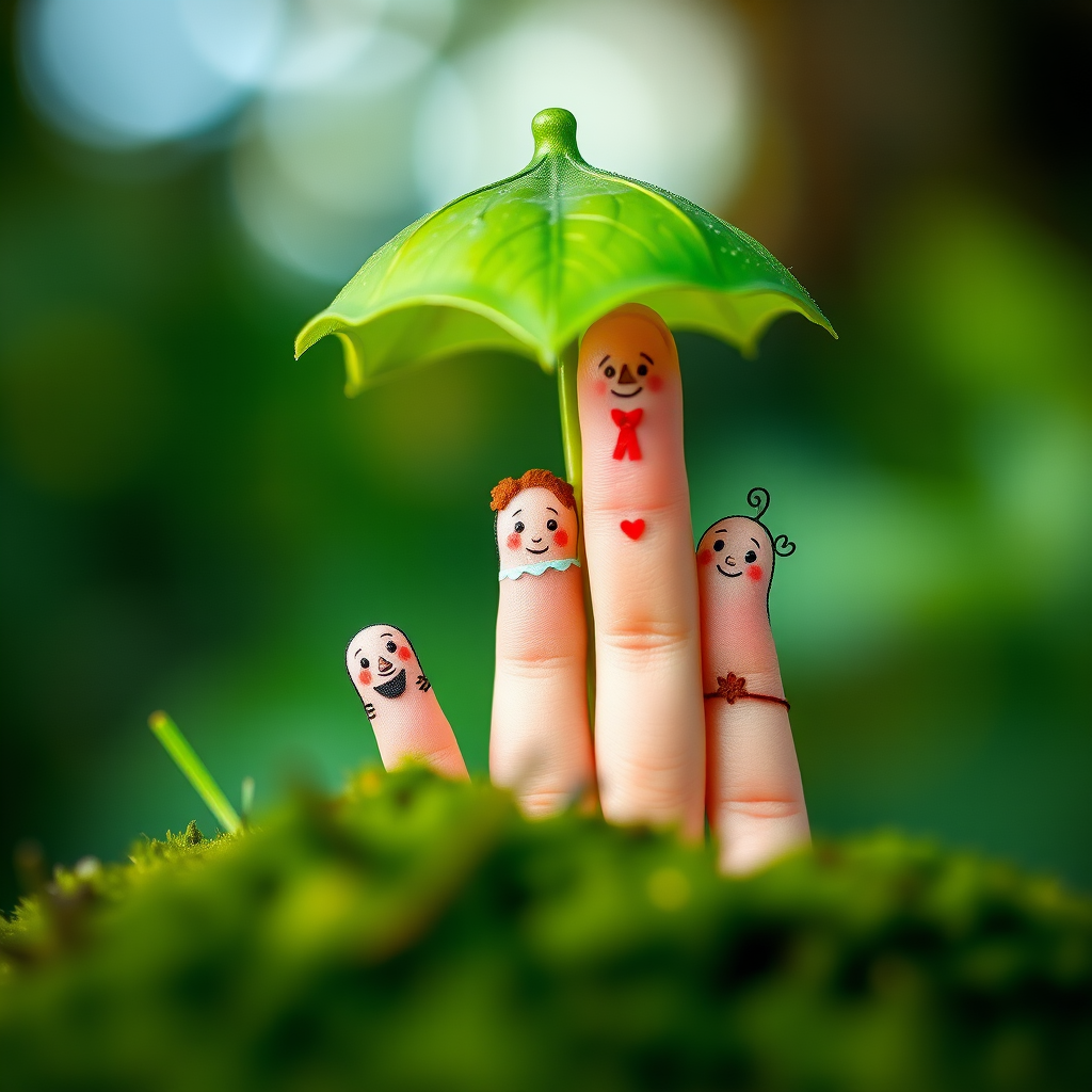 Create a whimsical scene featuring illustrated finger characters under a leaf umbrella, with a blurred green natural background, shot with a DSLR camera at f/2.8, ISO 100, shutter speed 1/200s, using a macro lens for detailed close-up.